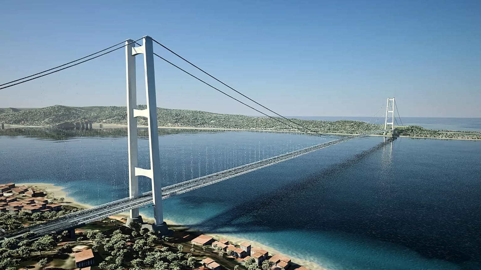 This digital rendering shows a bridge linking the Italian mainland with Sicily, 6 August, 2025