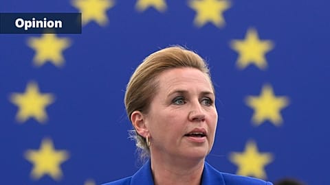 Denmark's Prime Minister Mette Frederiksen speaks at the European Parliament in Strasbourg, 8 July 2025