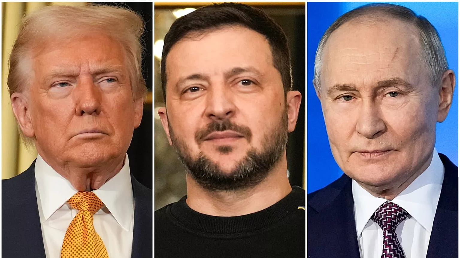 Donald Trump elnök (balra) és Volodimir Zelenszkij ukrán elnök 2024. december 7-én Párizsban, Vlagyimir Putyin elnök 2025. február 21-én Moszkvában.