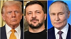 Präsident Donald Trump, links, und der ukrainische Präsident Volodymyr Zelenskyy, 7. Dezember 2024 in Paris, und Präsident Vladimir Putin, Moskau, am 21. Februar 2025.