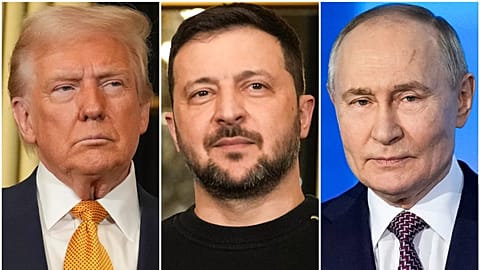 President Donald Trump, left, and Ukraine's President Volodymyr Zelenskyy, Dec. 7, 2024 in Paris, and President Vladimir Putin, Moscow on Feb. 21, 2025.