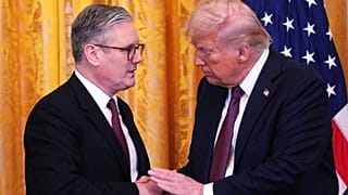 Britain's Prime Minister Keir Starmer, left, and US President Donald Trump shake hands at a joint press conference in the White House, Feb. 27, 2025, Washington.