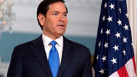 Secretary of State Marco Rubio at a press conference. 