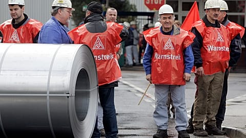 Workers of the ThyssenKrupp Nirosta steel factory in Duesseldorf, Germany, are on warning strike in 2008