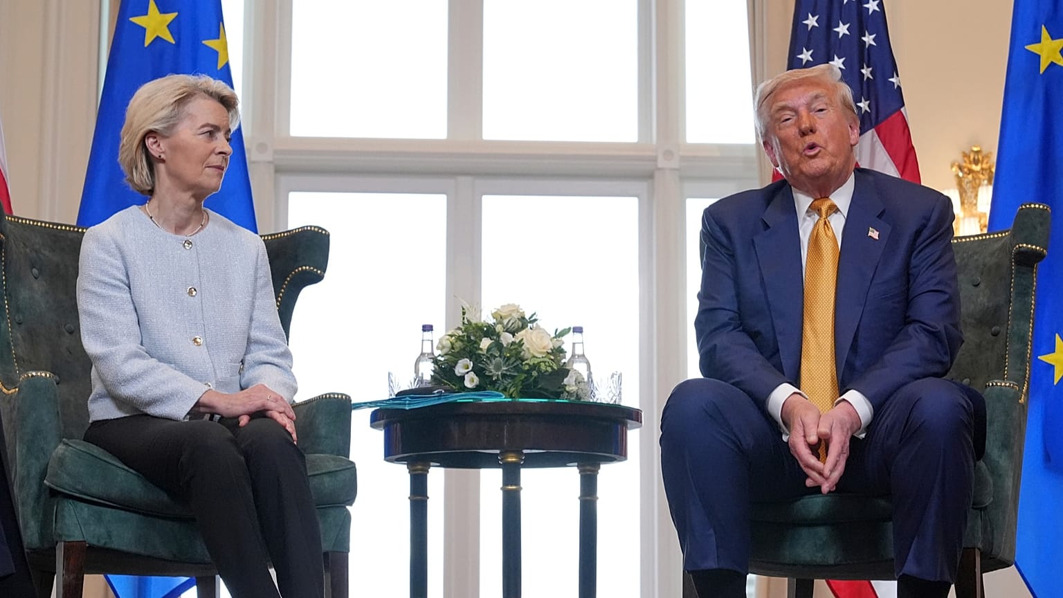 President Donald Trump meets European Commission President Ursula von der Leyen at the Trump Turnberry golf course in Turnberry, Scotland Sunday, July 27, 2025.