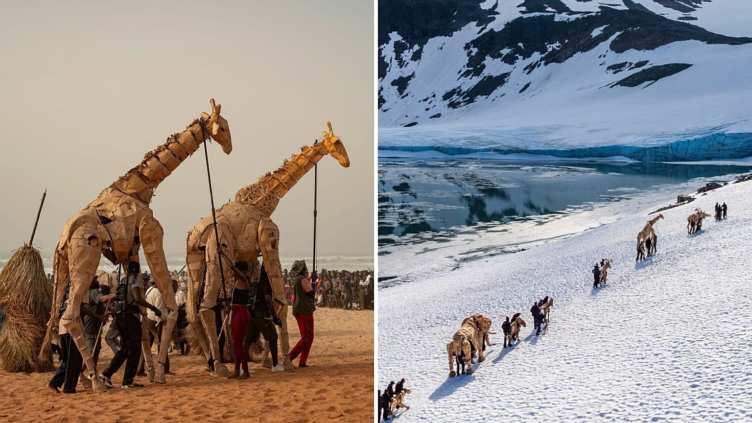 Las manadas de marionetas de tamaño natural llegan al Círculo Polar Ártico y ponen fin a un viaje de 20.000 km para llamar la atención sobre el cambio climático.