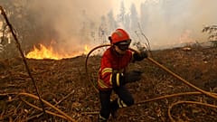 ARCHIVBILD - Ein Feuerwehrmann rennt mit einem Schlauch, um ein Feuer in den Außenbezirken von Sever do Vouga, Portugal, am Mittwoch, den 18. September 2024 zu löschen.