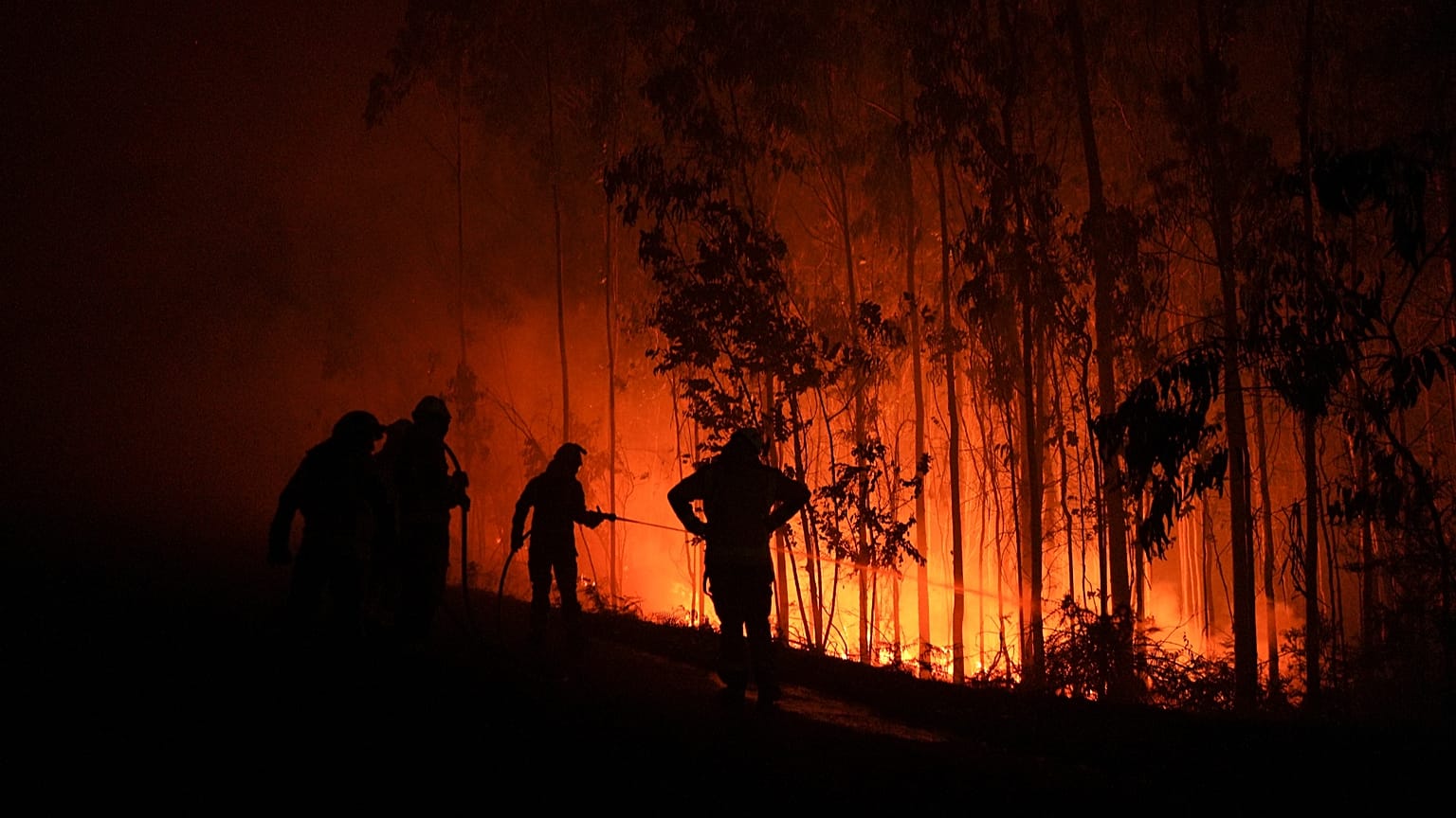 Firefighters work as a fire progresses in the Fuente de Faro de Brantuas area in Ponteceso, northwest Spain, Sunday, Aug. 3, 2025. 