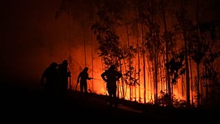 Firefighters work as a fire progresses in the Fuente de Faro de Brantuas area in Ponteceso, northwest Spain, Sunday, Aug. 3, 2025. 