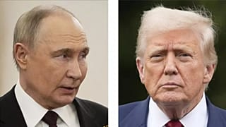 FILE - This combination of photos shows Russian President Vladimir Putin, left, in Moscow on May 9, 2025, and U.S. President Donald Trump in Washington on Aug. 1. (AP Photo/Al