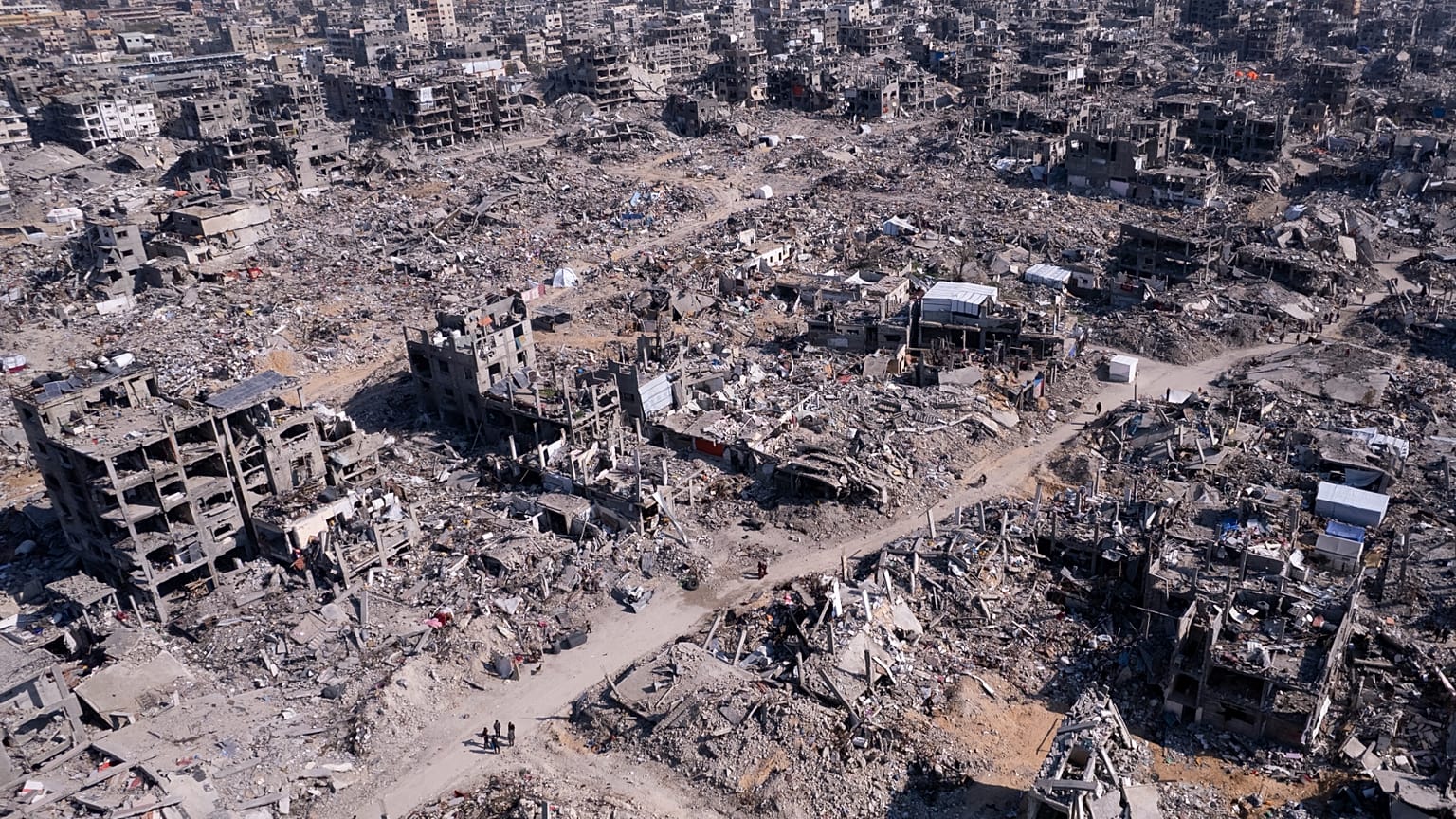 صورة جوية التقطتها طائرة بدون طيار تظهر الدمار الذي سببه الهجوم الجوي والبري الإسرائيلي على جباليا بقطاع غزة، الأربعاء 29 يناير 2025. 