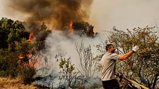 Un homme tente d'éteindre un feu de forêt à Larouco, dans le nord-ouest de l'Espagne, mercredi 13 août 2025.