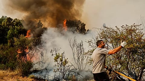 A man tries to put out a wildfire in Larouco, northwestern Spain, Wednesday, Aug. 13, 2025. 