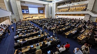 A plenary session takes place during the second part of the fifth session of the Intergovernmental Negotiating Committee on plastic pollution in Geneva, Switzerland.