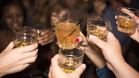 A group of people raise a toast at a party.