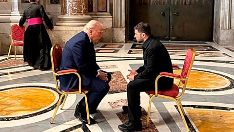 Ukrainian President Volodymyr Zelenskyy, right, and US President Donald Trump, talk as they attend the funeral of Pope Francis in Vatican City, 26 April 2025