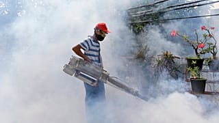 عامل يرشّ ضبابًا مضادًا للبعوض في محاولة للسيطرة على حمى الضنك في أحد أحياء جاكرتا، إندونيسيا، الأحد 2 أغسطس/آب 2015.