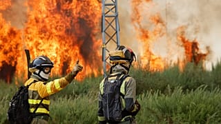 Des pompiers luttent contre les flammes dans la ville de Veiga das Meas à Ourense, en Espagne, le samedi 16 août 2025