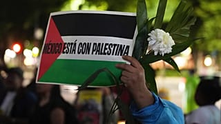 متظاهر يحمل زهرة ولافتة كُتب عليها بالإسبانية "المكسيك مع فلسطين"، خلال وقفة احتجاجية في مكسيكو ستي، الثلاثاء 12 أغسطس/ آب 2025.