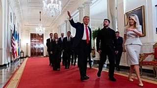 US President Donald Trump walks with Ukrainian President Volodymyr Zelenskyy and European allies, at the White House, 18 August 2025