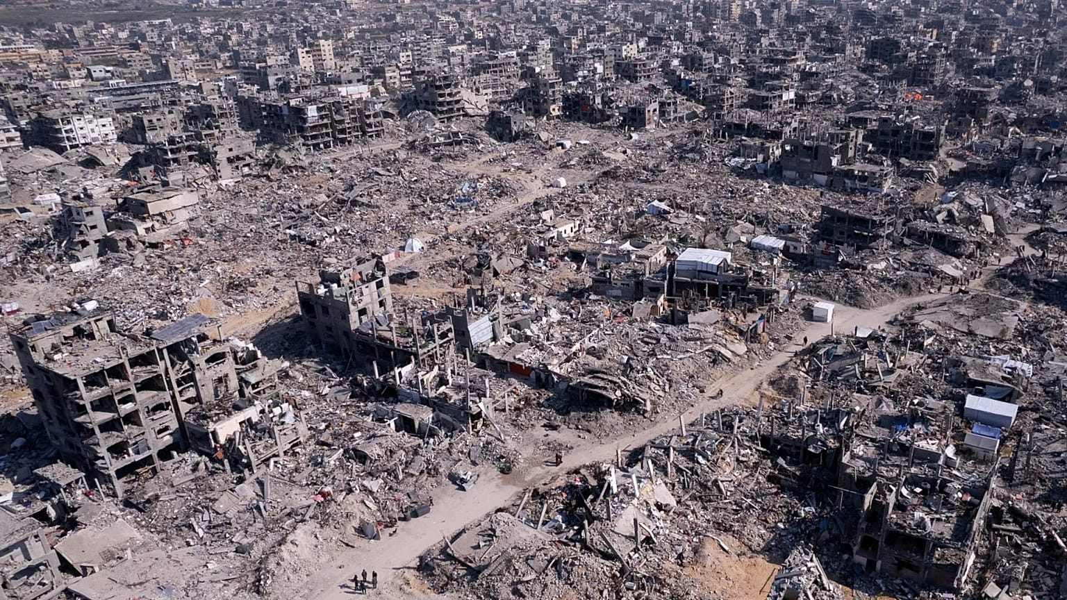 An aerial photograph taken by a drone shows the destruction caused by the Israeli air and ground offensive in Jabaliya, 29 January, 2025