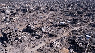 An aerial photograph taken by a drone shows the destruction caused by the Israeli air and ground offensive in Jabaliya, 29 January, 2025