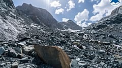 Ein Überblick über den Ventina-Gletscher in der Nähe von Sondrio, Norditalien.