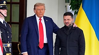 Donald Trump greets Ukraine's President Volodymyr Zelenskyy