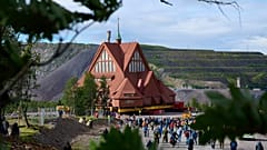Eine schwedische lutherische Holzkirche im samischen Stil, genannt Kiruna Kyrka, in Kiruna, Schweden, am Dienstag, den 19. August 2025.
