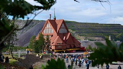 A Sami style wooden Swedish Lutheran church, called Kiruna Kyrka in Swedish, in Kiruna, Sweden, Tuesday, Aug. 19, 2025, 