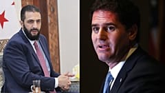 وزير الشؤون الاستراتيجية الإسرائيلي رون ديرمر (يمينًا) وزير الخارجية السوري أسعد الشيباني (يساراً)