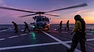 A Seahawk helicopter prepares to take off from the deck of HMAS Hobart during flying operations off northern Australia, 7 May, 2024