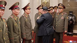 North Korean leader Kim Jong Un meets top commanding officers deployed to Russia’s Kursk region at the Workers' Party Central Committee HQ in Pyongyang, Aug. 20, 2025.