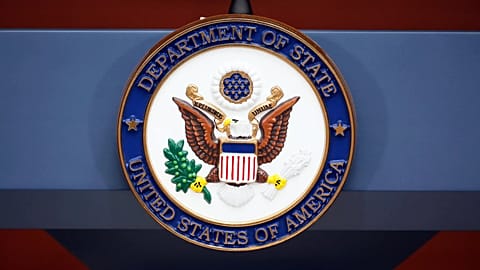The seal of the State Department is photographed at the Washington Passport Agency, 12 July, 2016