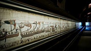 The 11th century Bayeux tapestry chronicling the Norman conquest of England, in Bayeux, Normandy, France.