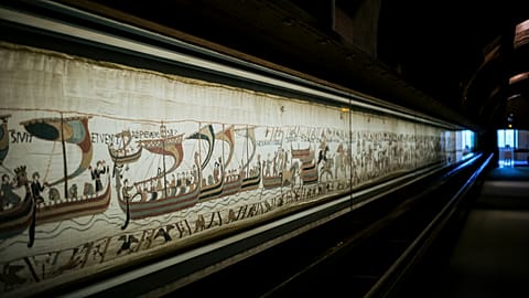 The 11th century Bayeux tapestry chronicling the Norman conquest of England, in Bayeux, Normandy, France.