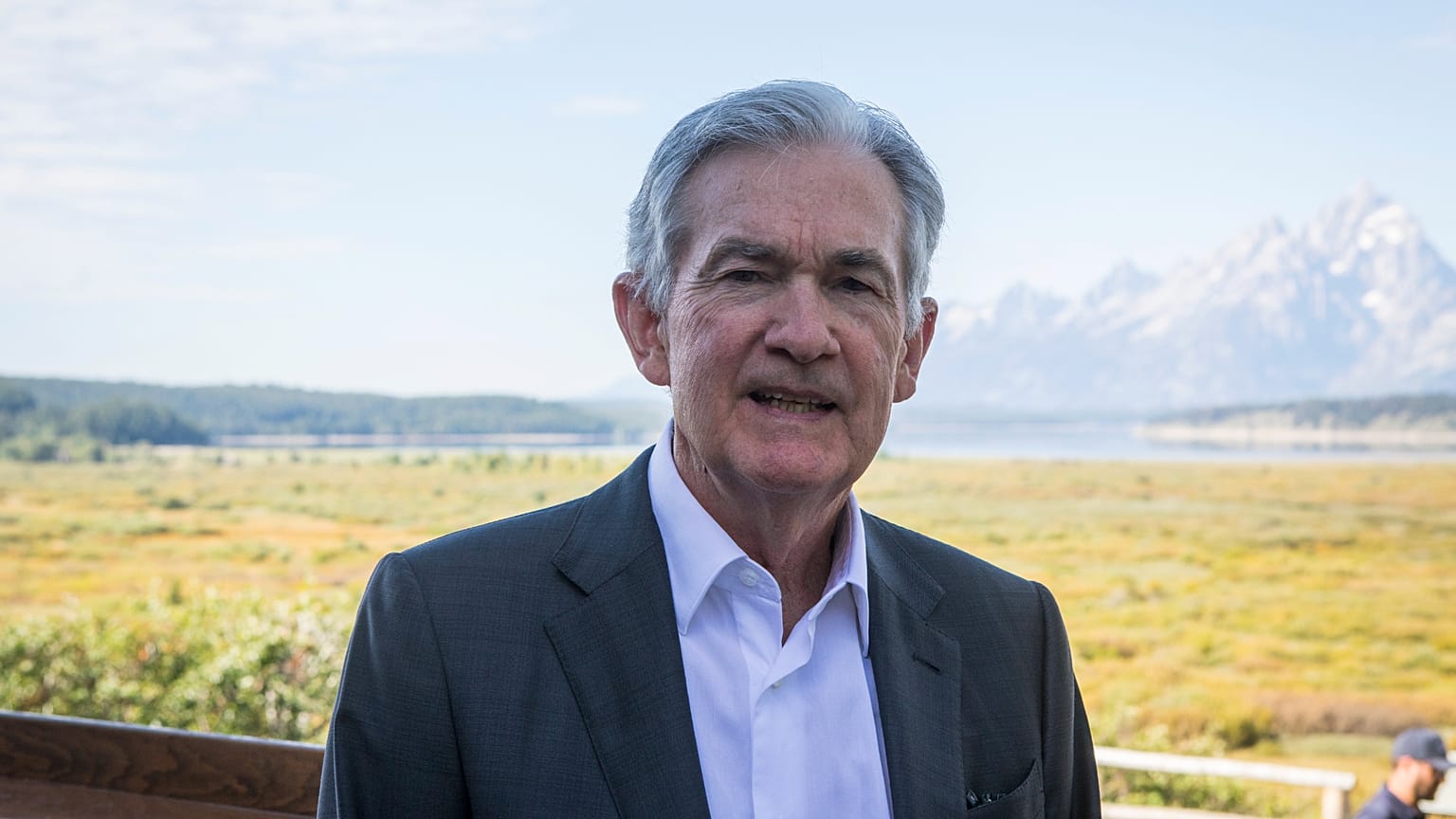 Federal Reserve Chairman Jerome Powell during the Jackson Hole Economic Symposium near Moran in Grand Teton National Park, Wyoming. 15 August 2023.