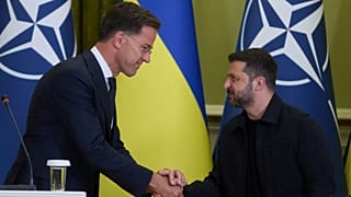 NATO Secretary General Mark Rutte, left, shakes hands with Ukrainian President Volodymyr Zelenskyy during their briefing in Kyiv, Ukraine, Friday, Aug. 22, 2025
