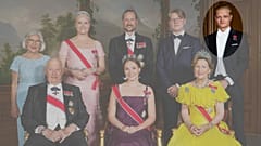 A norvég királyi család: Harald király (lent balra), Haakon koronaherceg (fent középen), Marius Borg Høiby (fent jobbra), 2022 júniusában