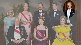 A norvég királyi család: Harald király (lent balra), Haakon koronaherceg (fent középen), Marius Borg Høiby (fent jobbra), 2022 júniusában