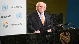 الرئيس الأيرلندي مايكل د. هيغينز يتحدث خلال اجتماع رفيع المستوى حول بناء السلام واستدامته، الثلاثاء 24 أبريل/نيسان 2018، في مقر الأمم المتحدة.