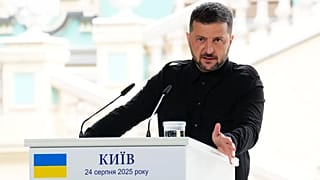 Ukrainian President Volodymyr Zelenskyy at a joint press conference with  Prime Minister Mark Carney at Mariinskyi Palace in Kyiv, Ukraine on Aug. 24, 2025.