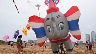 An elephant-shaped kite takes flight at the Colombo International Kite Festival in Colombo, Sri Lanka, Saturday, Aug. 23, 2025.