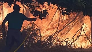 Los residentes luchan contra un incendio forestal que avanza hacia el pueblo de Rebordondo, cerca de Ourense, en el noroeste de España, el 18 de agosto de 2025.