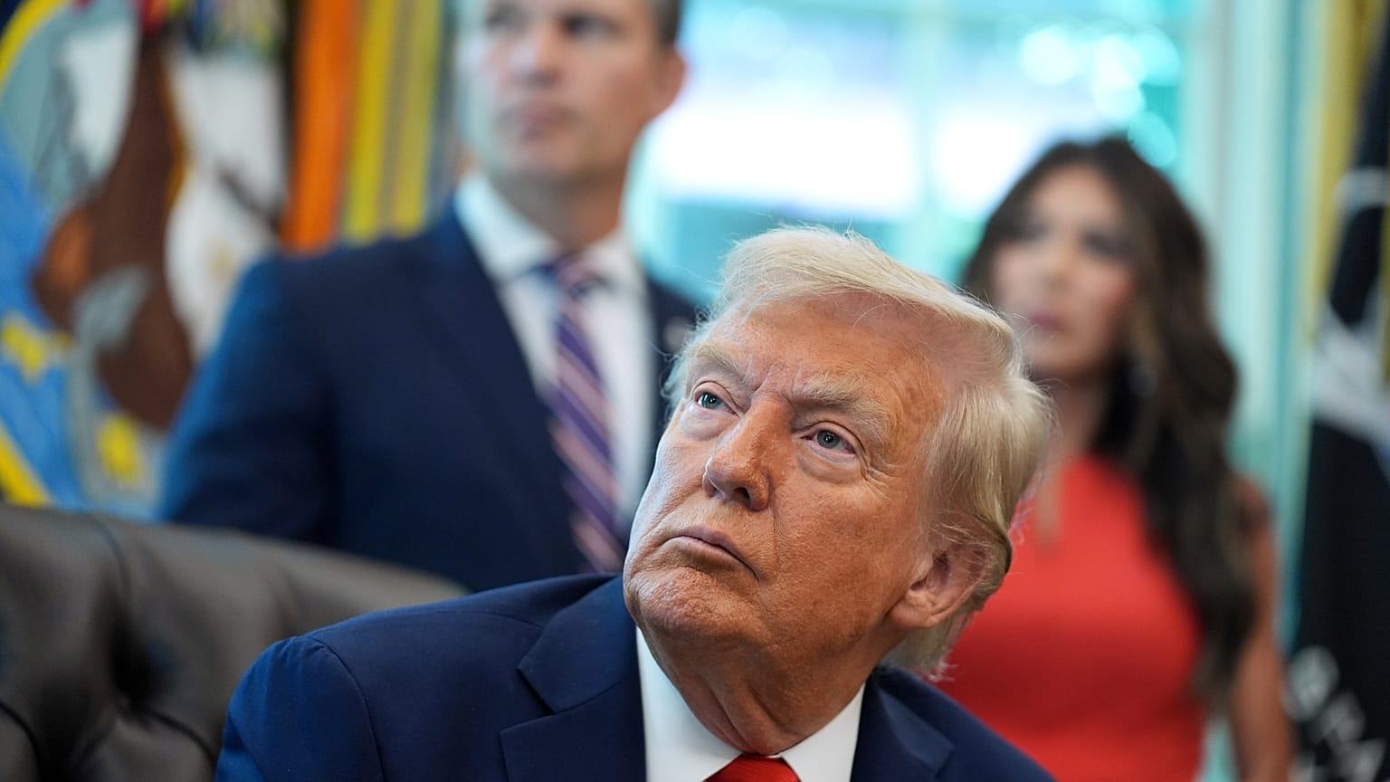 President Donald Trump listens in the Oval Office of the White House. Washington. 25 August 2025.