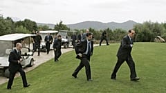Der damalige Ministerpräsident Silvio Berlusconi und der russische Präsident Wladimir Putin in der Villa Certosa, Porto Rotondo, Sardinien, am 18. April 2008.
