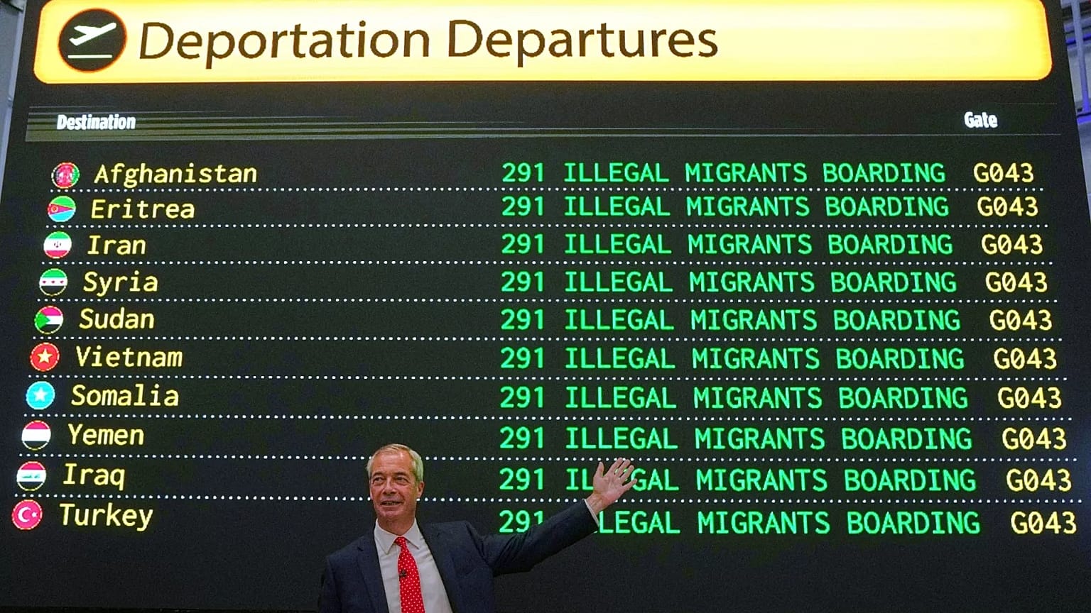 Reform UK party leader Nigel Farage poses in front of a mock departures board during a press conference at Oxford Airport, 26 August, 2025