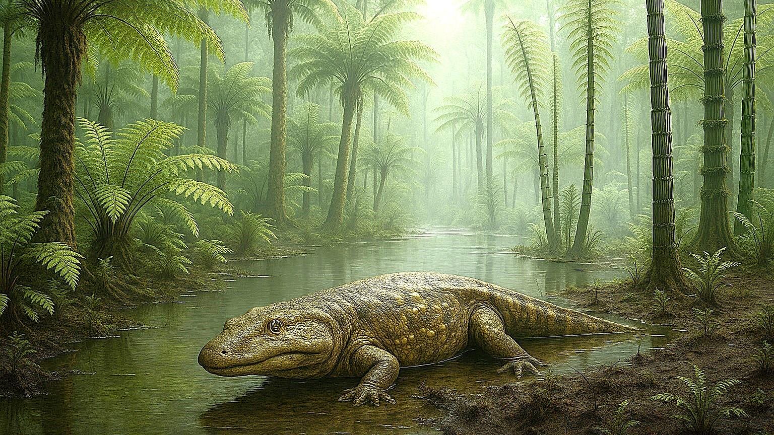 Lebend-Rekonstruktion eines Cyclotosaurus mit Riesenfarnen und Schachtelhalmbäumen; KI-generiert 07/2025