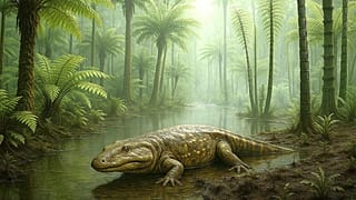 Lebend-Rekonstruktion eines Cyclotosaurus mit Riesenfarnen und Schachtelhalmbäumen; KI-generiert 07/2025