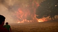 Des habitants luttent contre un incendie de forêt qui progresse vers le village de Rebordondo, près d'Ourense, dans le nord-ouest de l'Espagne, en août.